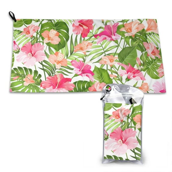 YFYANG Adult Microfiber Portable Travel Towel, Hibiscus Floral Leaf Patterns Quick Dry Towel with Hiking Buckle PVC Pouch, 16" x 31.5"