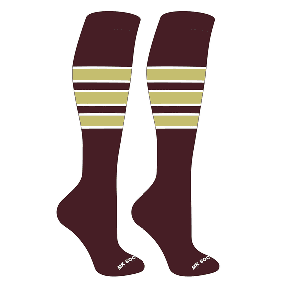 MK Socks Striped OTC Baseball, Softball, Football Socks (C) Maroon, White, Vegas Gold (S)