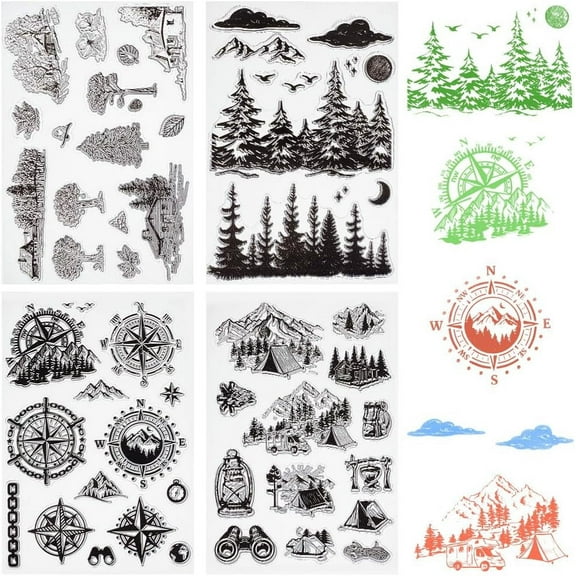 4 Sheets Compass Mountain Tree Clear Rubber Stamps Forest Scenery Background Reusable Transparent Silicone Stamp Seals Vintage for Journaling Card Making DIY Scrapbooking Supplies Crafting DIY