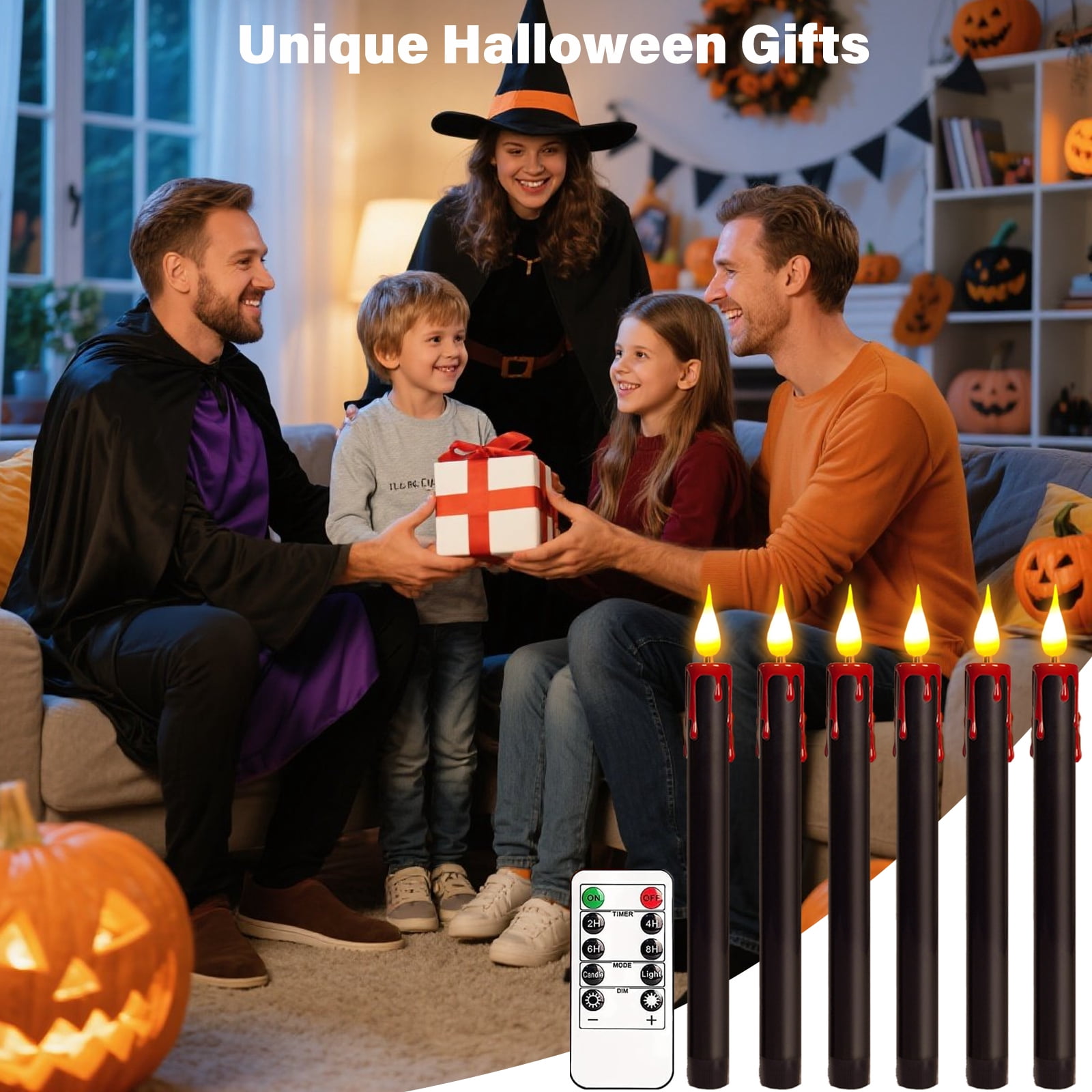 Black Flameless Candles, 6 Pcs 9.8" Flickering Halloween Taper Candles with Remote & Timer, Dimmable LED Candles Battery Operated, Electric Candle Sticks for Party Halloween Decor