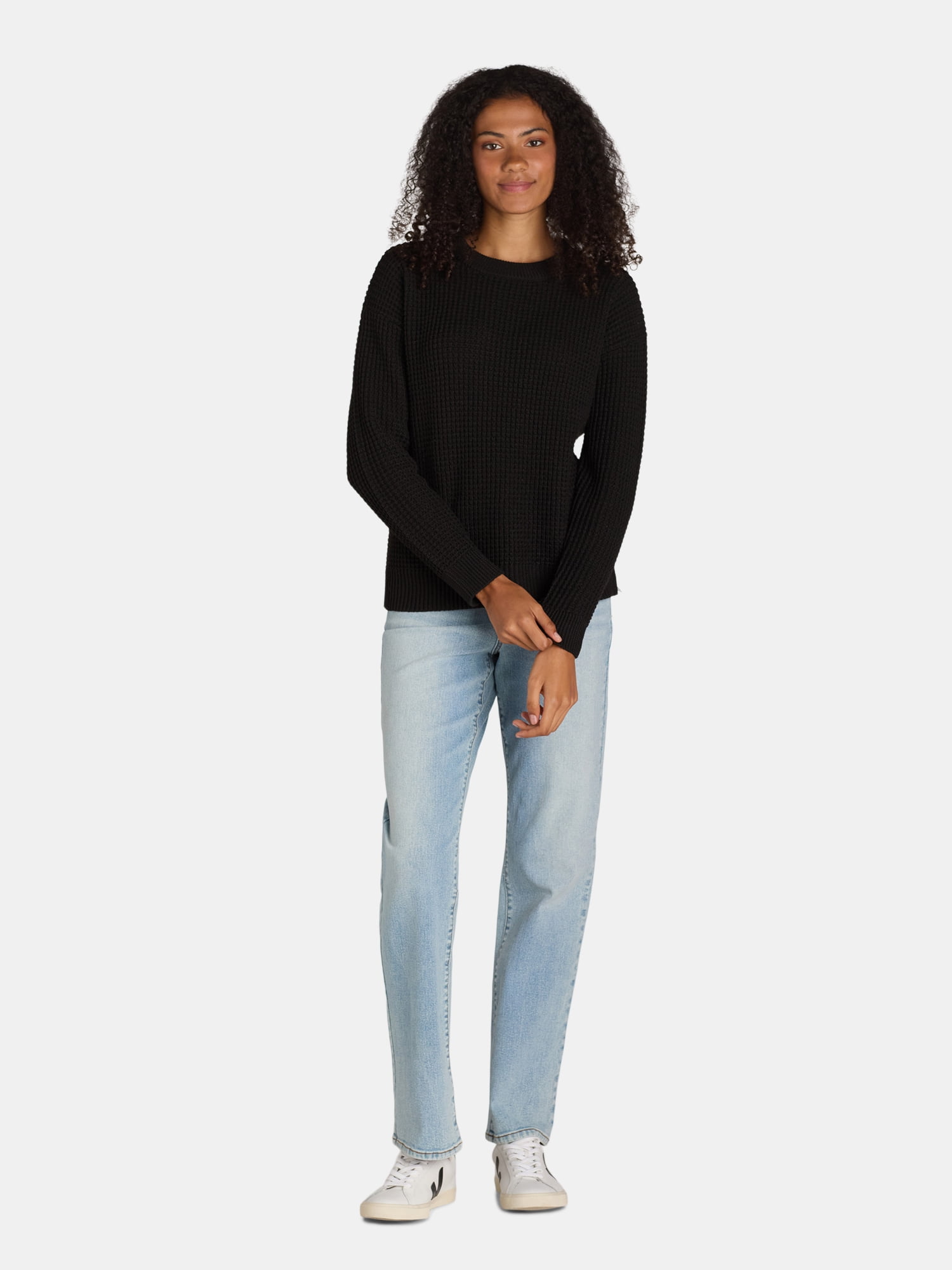 Time and Tru Women's and Women's Plus Waffle Stitch Sweater with Long Sleeves, Midweight, Sizes XS-4X
