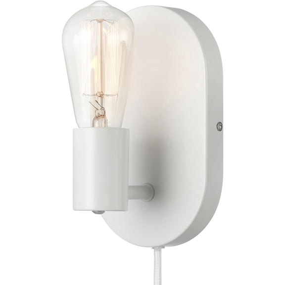 1-Light Plug-in or Hardwire Wall Sconce, Matte White, 6ft White Fabric Covered Cord, Inline On/Off Rocker Switch, Bedroom, Living Room, Mounted Lamp