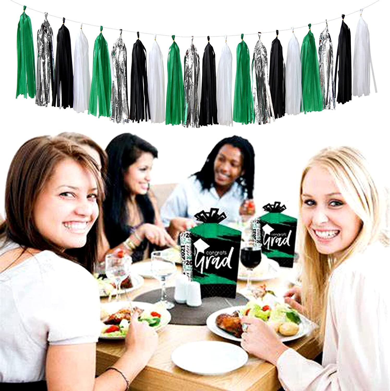 Black Green Silver Football Party-Decorations - 30pcs Soccer Graduation Streamers,Tissue Pom Poms,Tassel Garland Backdrop Men Boys Birthday Spring Sunmer Bunting Jungle theme Banner