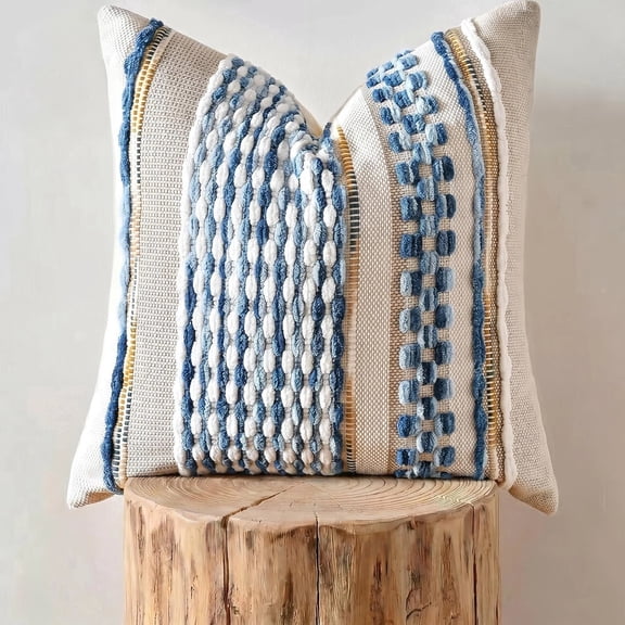 Fancy Homi 1 Pc Boho Sky Blue Striped Textured Decorative Chenille Throw Pillow Cover 18x18 inch for Couch Bed Sofa, Woven Square Cushion Case