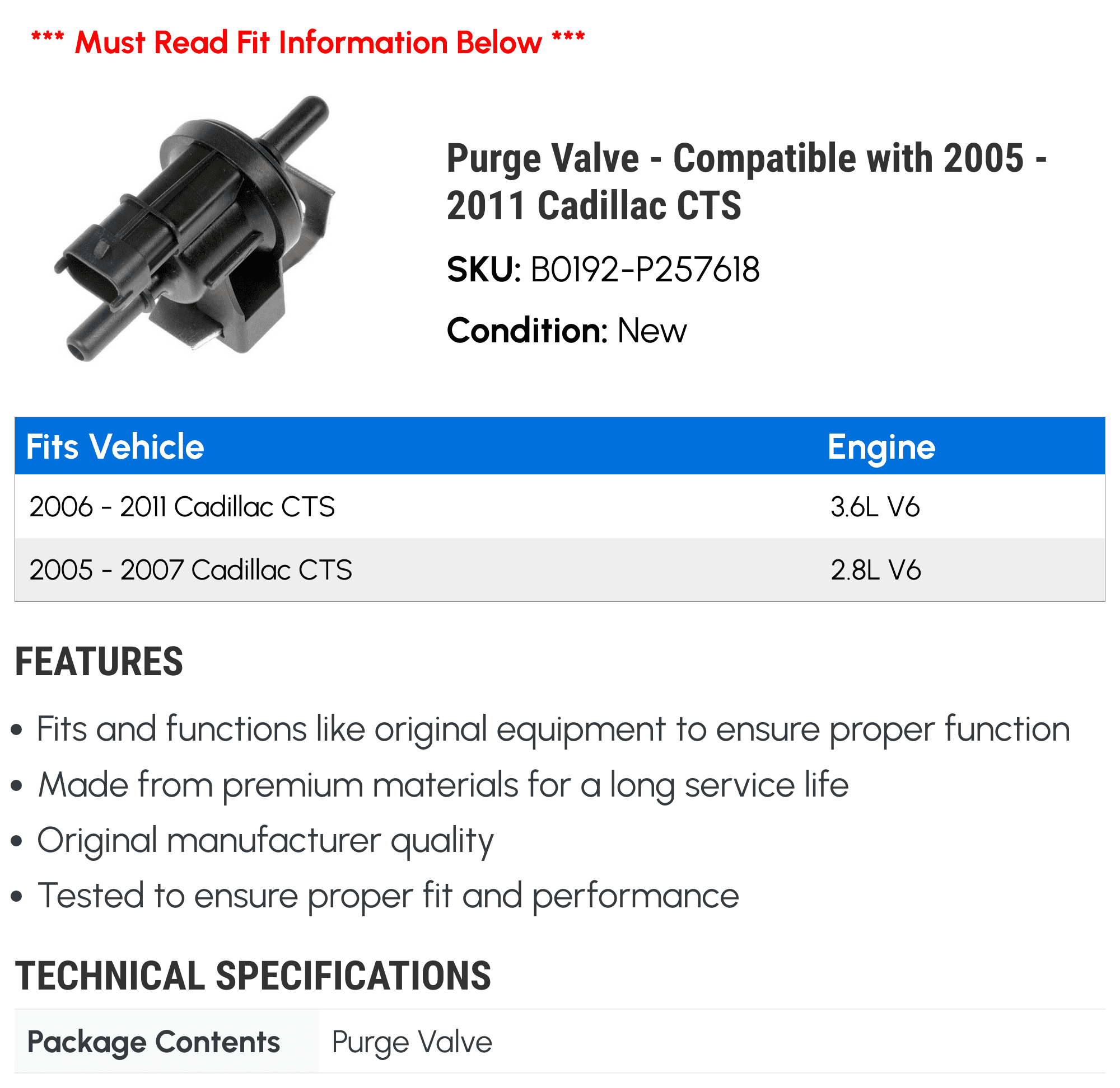 Purge Valve - Compatible with 2005 - 2011 Cadillac CTS 2006 2007 2008 2009 2010