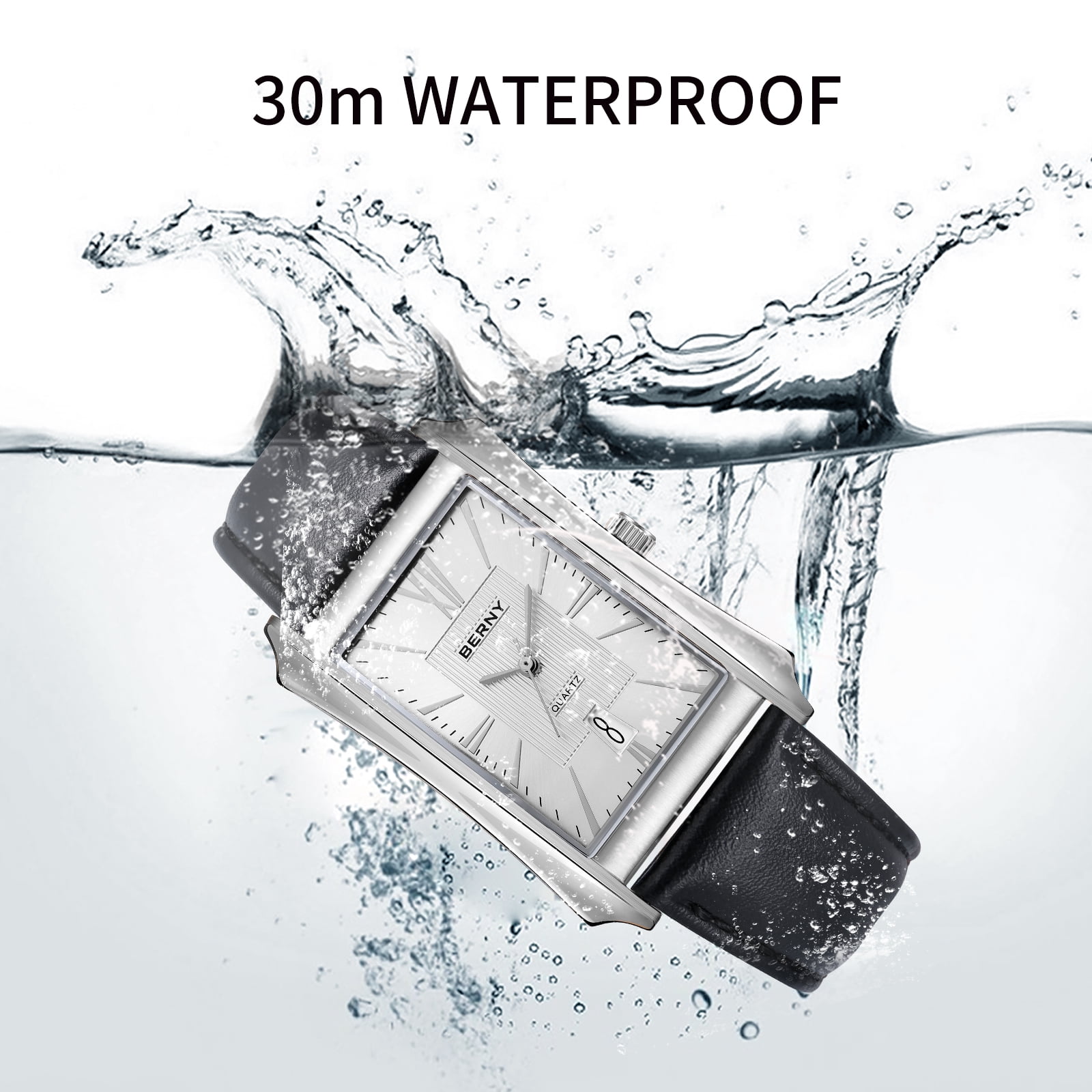 BERNY Men's Leather Watch, Vintage Stainless Steel Rectangular Case Roman Dial Dress Analog Watch with Date Calendar, Waterproof, Classic Business Quartz Wrist Watches for Men (White)