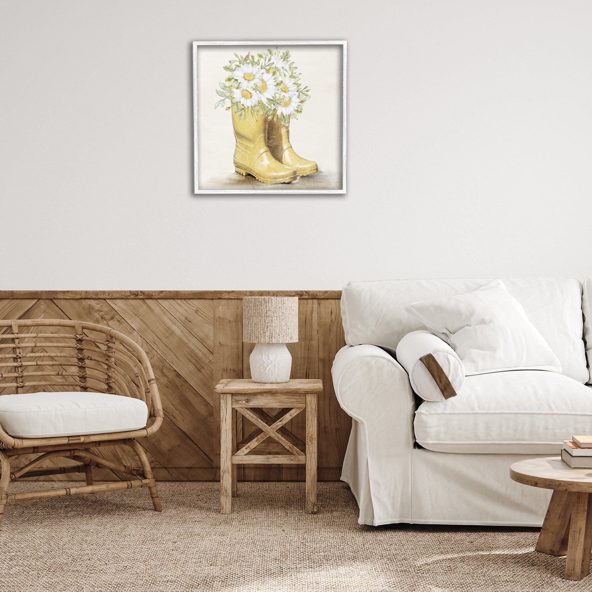 Stupell Industries Sunny Garden Boots Botanical & Floral Painting White Framed Art Print Wall Art, 24 x 24