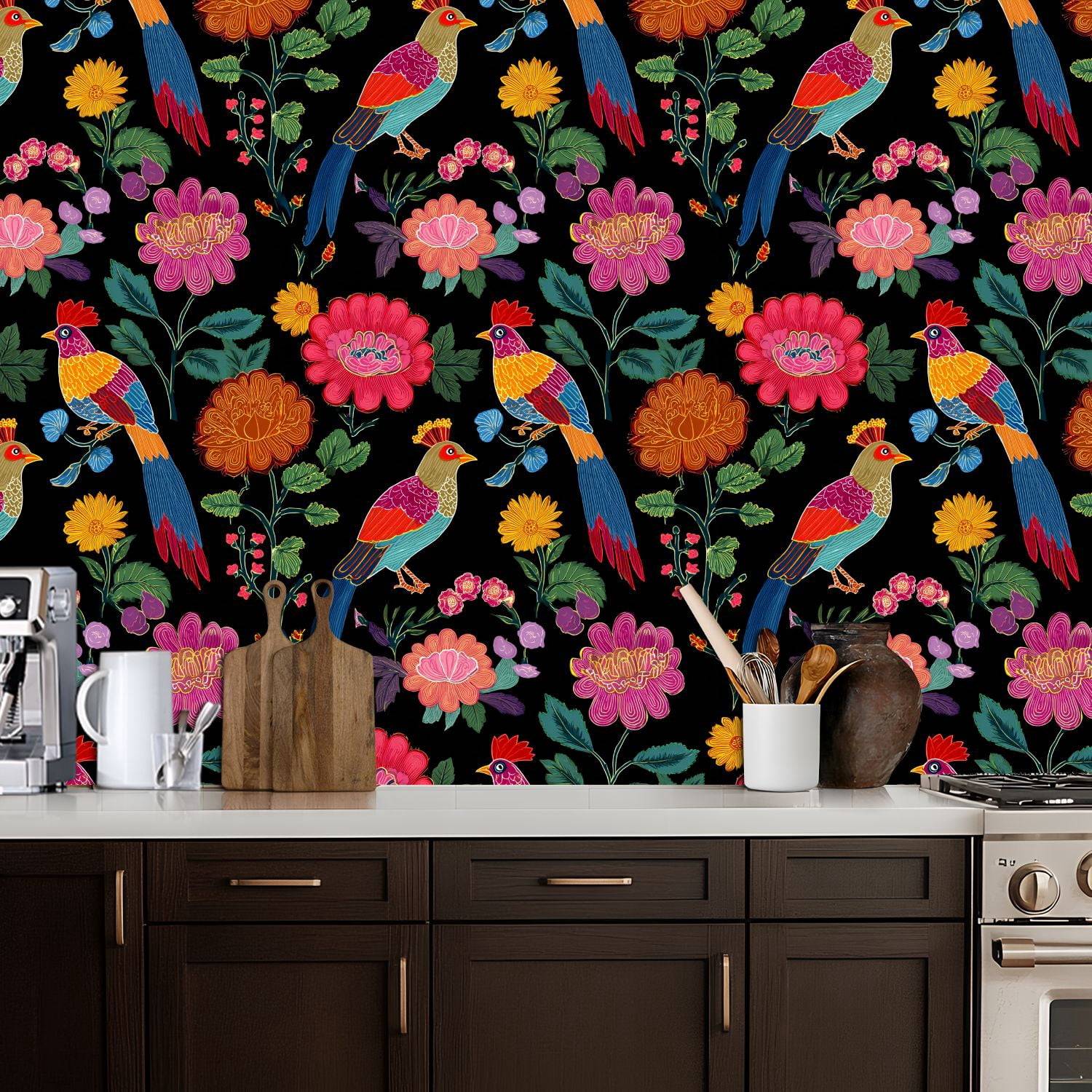 Mexican Peel and Stick Wallpaper Colorful Vibrant Floral Dark Wall Mural 17.7in x 9.8ft Self Adhesive Removable Wall Paper Renter Friendly Wallpaper for Nursery Bedroom Cabinets