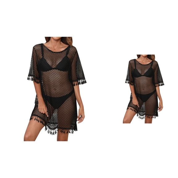 Summer Large Womens Tassel Dress Sexy Hollow-Out Crochet Mesh Beach Cover Up, See-Through Sweater Dress for Swimwear