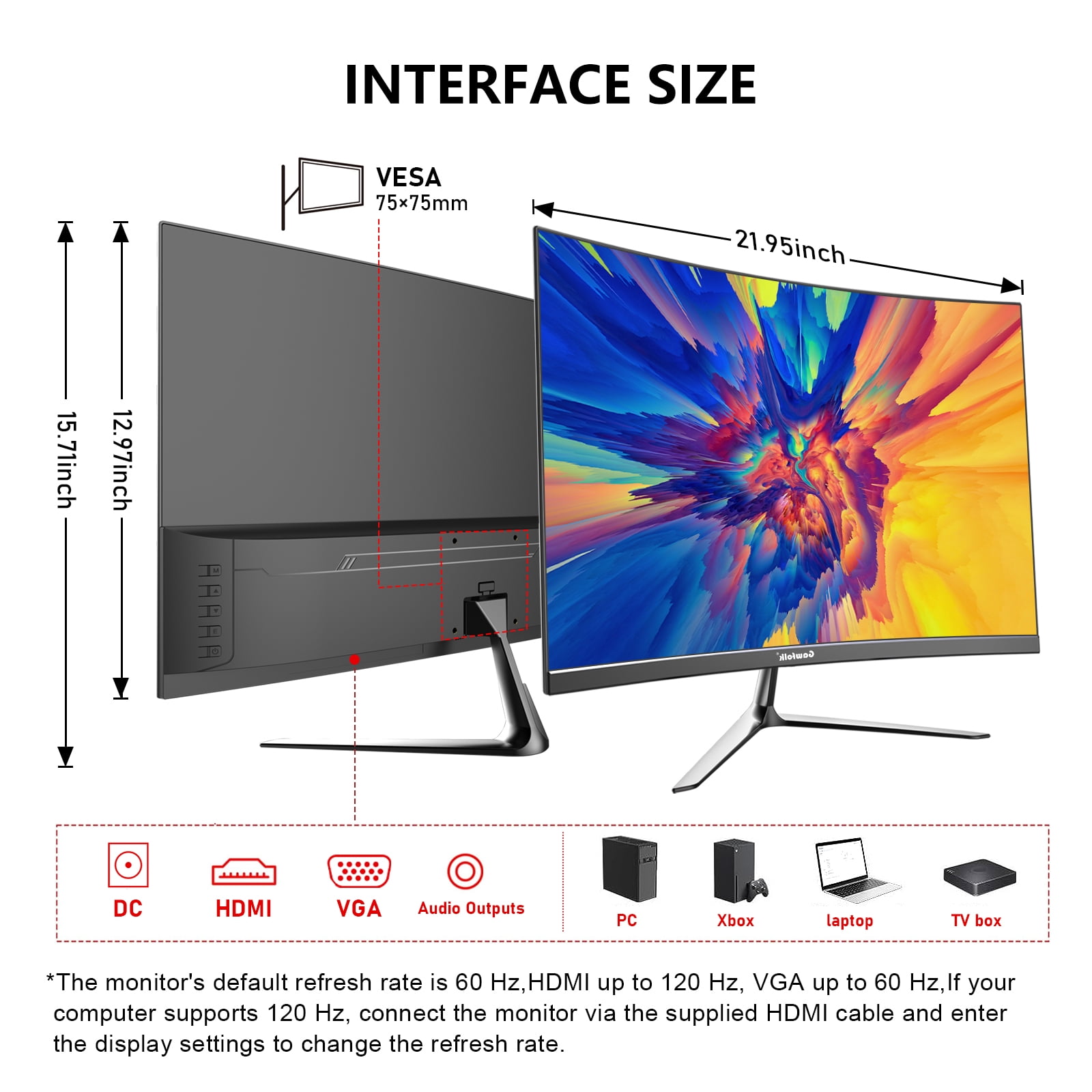 Gawfolk 24-Inch Curved Gaming Monitor 120Hz Full HD 1080P Built-In Speakers Tilt Adjustable