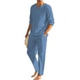 thumbnail image 2 of Caoirhny Men's Summer Cotton Linen Clothes Solid Color Long Sleeve Henley Shirt + Elastic Waist Drawstring Pants 2 Pieces Loungewear Set, 2 of 6