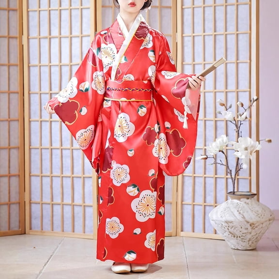 Girl Dresses Floral Print Kimono Robe Long Sleeve V Neck Dress with Obi Belt Party 2 Piece Girls Dress Red1 11 Years-12 Years
