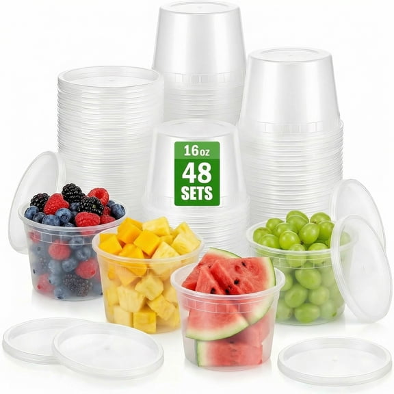 48 Sets Deli Containers with Lids, 16 oz Plastic Soup Containers with Lids, Food Storage Containers with Lids Airtight, Stackable, Leak-proof, Microwave and Freezer Safe