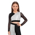 thumbnail image 2 of Eandarui Kids Girls Sequin Hip Hop Jazz Dance Crop Top Mesh Long Sleeve Cutout Back Color Block Sparkly Shirt Silver 12, 2 of 5