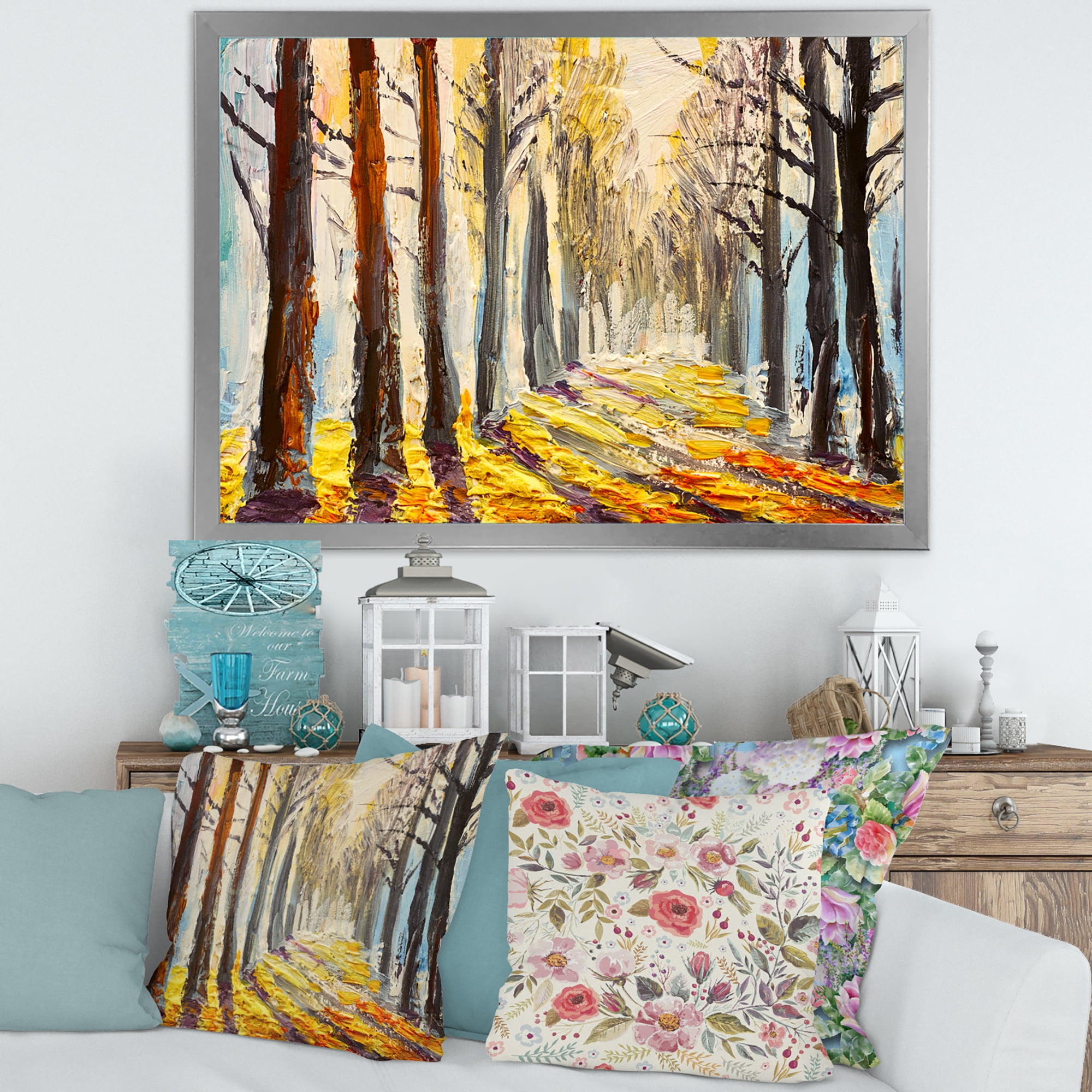 Designart 'Morning Glow Through The Autumn Trees' Lake House Framed Art Print