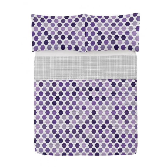 Geometric Reversible Bedspread Set, Abstract ZigZag Hexagon Vivid and Dark Color Hue Tone Intensity Art Print, Pillow Shams & Comforter Microfiber Bedding Set, 3 Sizes, Blue Violet, by Ambesonne