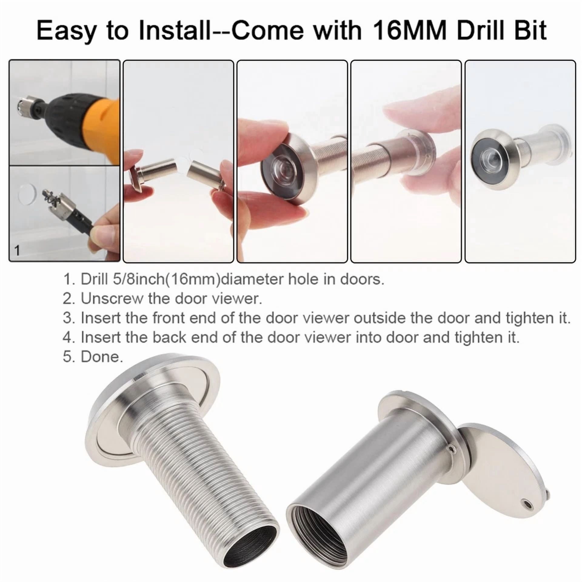 200° Door Viewer & 6Mm Drill Bit Set Hd Optical Glass Lens For 35-65 Mm Doors Us