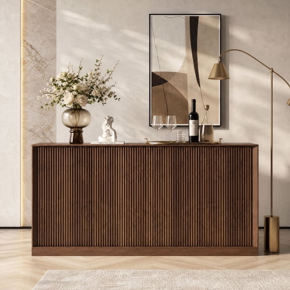 63" Sideboard Buffet Cabinet, Black Walnut with 4 Soft-Close Wave Pattern Doors | Mid-Century Modern Credenza for Dining Room, Living Room, Kitchen | TV Stand & Coffee Bar