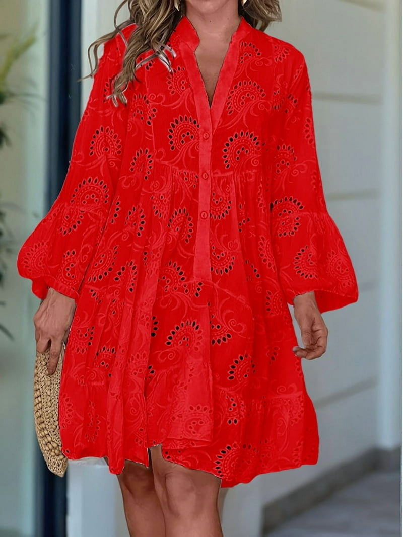 Women'S 2025 Lace Eyelet Embroidery Dress V-Neck Trumpet Sleeve Boho Flowy Swing Dress Big Red XL Women'S 2025 Lace Eyelet Embroidery Dress V-Neck Trumpet Sleeve Boho Flowy Swing Dress Big Red XL