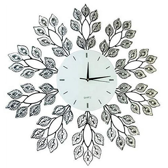 Lulu Decor, 25" Leaf Metal Wall Clock, 9" White Glass Line Dial, Decorative Clock for Living Room, Bedroom, Office Space