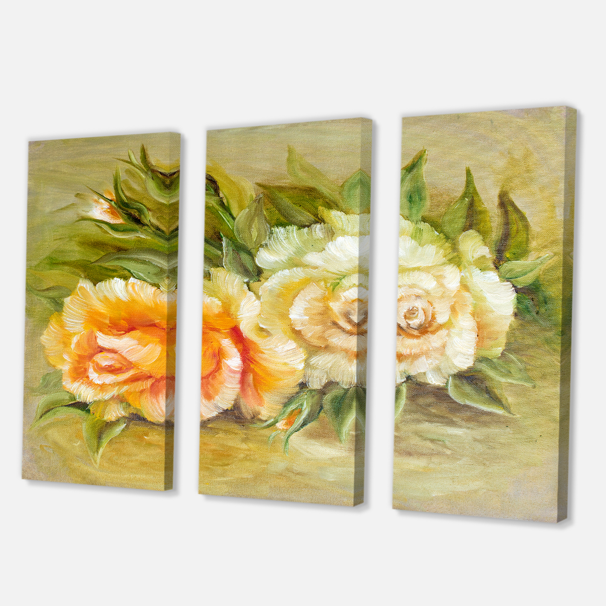 Designart ' Vintage Yellow and White Roses ' Traditional Canvas Wall Art Print