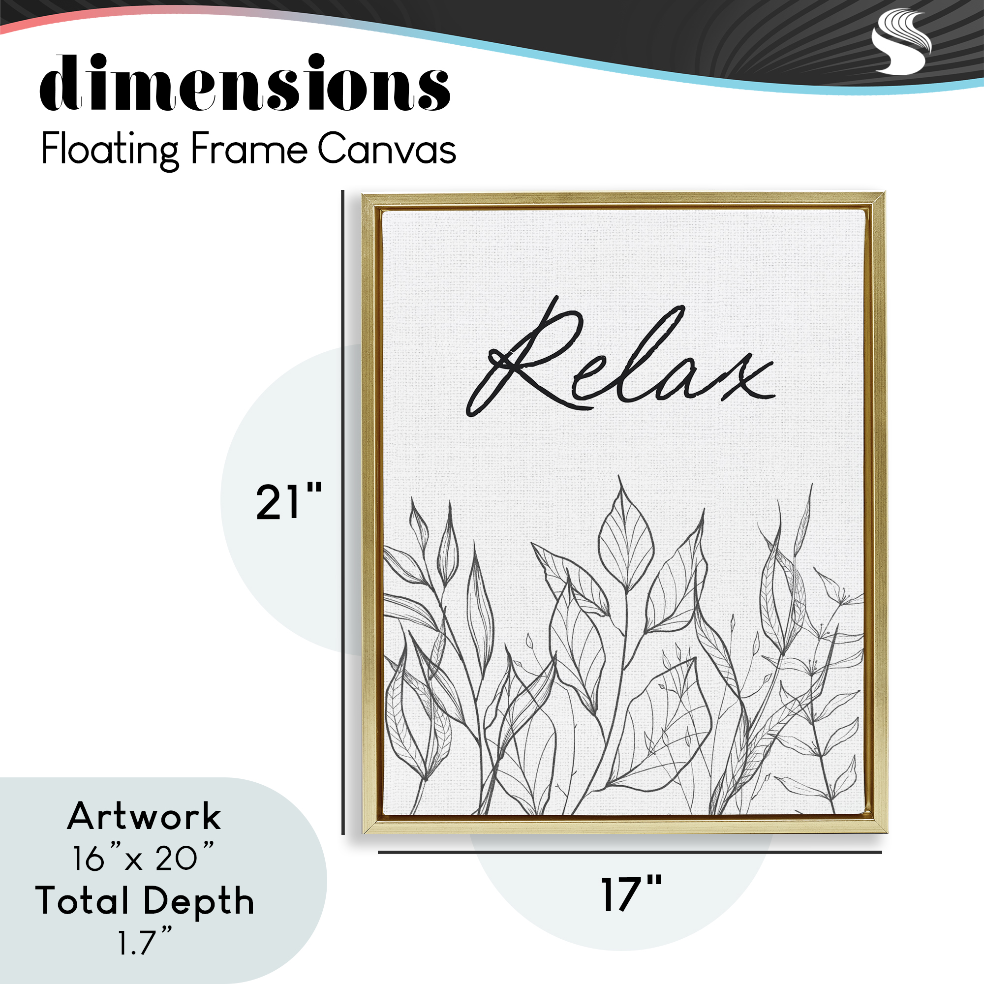 Relax with Leaf Outlines Gold Framed Floater Canvas Wall Art, design by Lettered and Lined