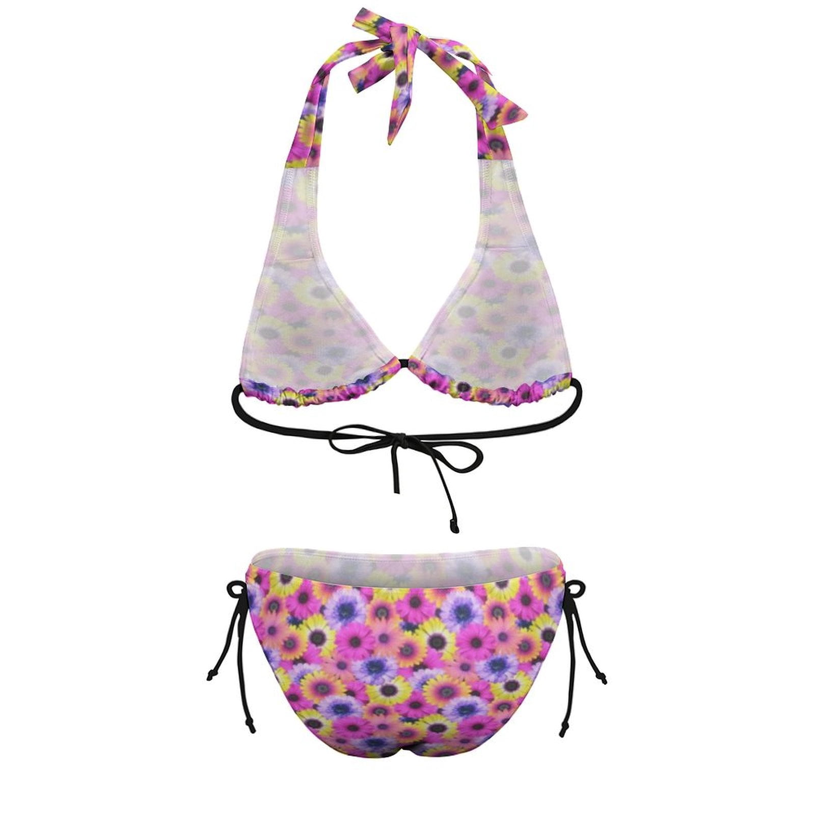 Pink Daisy Print Women's Bikini V Neck Swimsuit Set 2 Piece Over