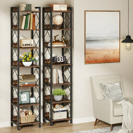 Tribesigns 78.7 Inches Tall Narrow Bookshelf Freestanding 7-Tier Bookcase Skinny Corner Storage Organizer for Home Office 2PCS