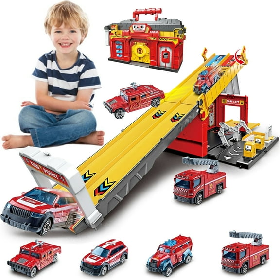Diecast Fire Car Toys for Boys 3 4 5 6 Years Old, Race Tracks with Launcher Toys for Toddlers Aged 3 4 5 6 Boys Birthday Gifts