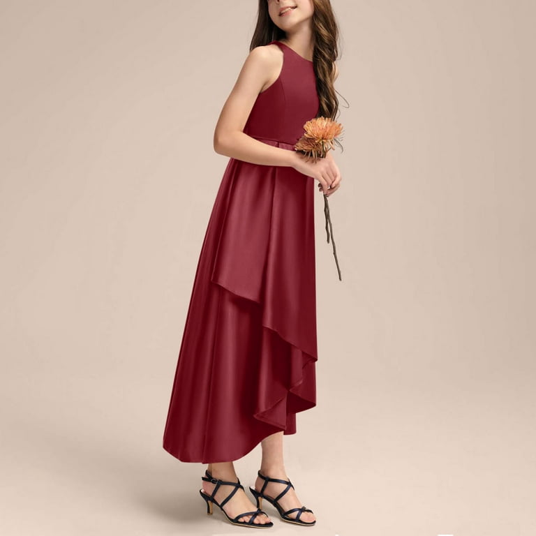 Girl's Satin Gowns, Long Flowy Dresses Asymmetrical Ruffles Hem, Sleveless  Party Performance Gowns A-Line Maxi Dresses Kids Flannel Dress Wine 6-7Y -  Walmart.com