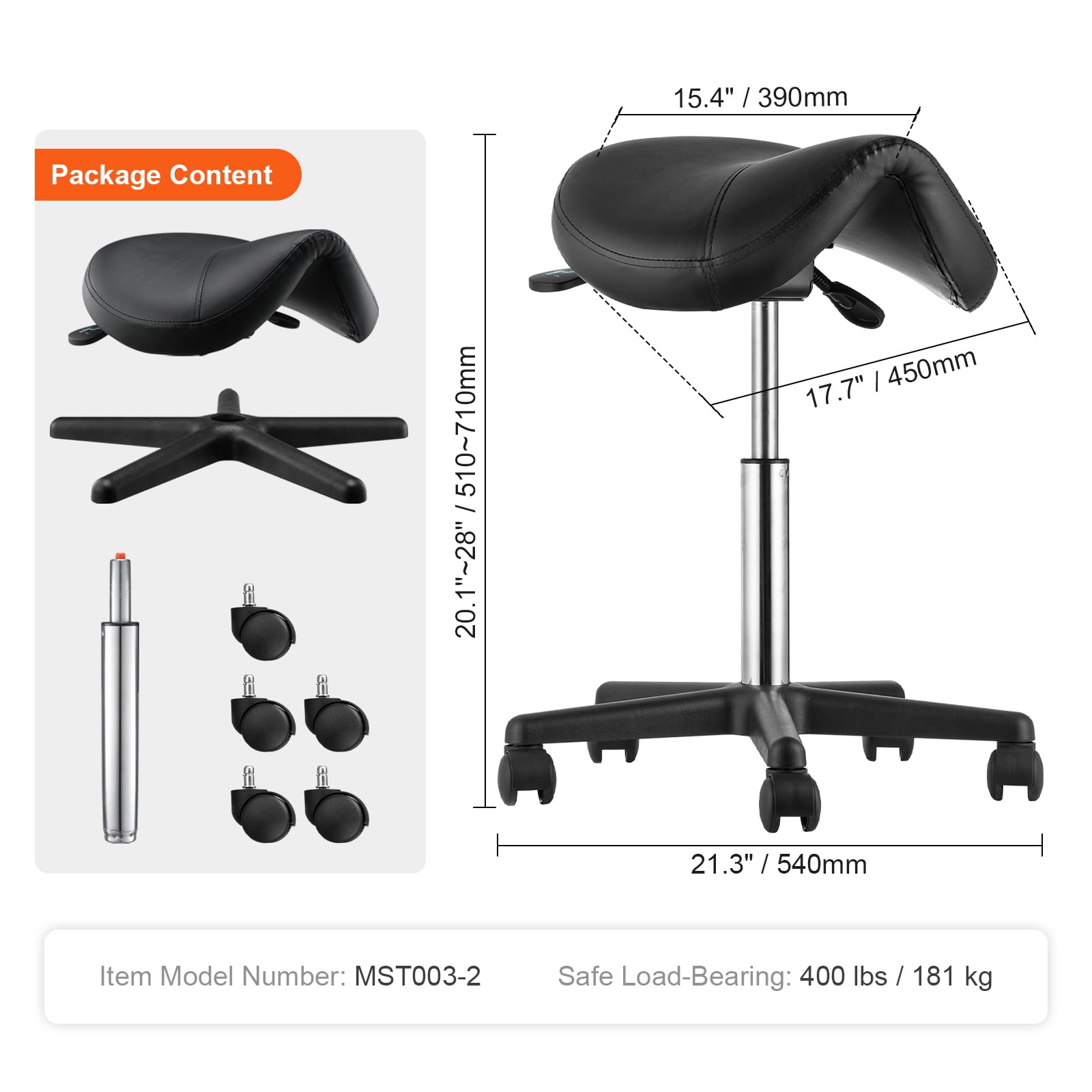 KFFKFF Saddle Stool with Wheels, Height Adjustable Thickened PU Leather Swivel Saddle Stools Chair for Salon, Spa, Tattoo, Clinic, 400 LBS Weight Capacity Ergonomic Rolling Saddle Stool, Black