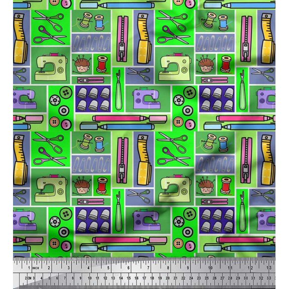 Soimoi Polyester Crepe Fabric Scissor,Buttons & Machine Sewing Printed Fabric 1 Yard 52 Inch Wide