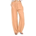 thumbnail image 2 of oiangi Beach Pants for Women Cotton Linen Palazzo Pant Drawstring Elastic Waist Casual Trousers Rose Gold S, 2 of 5
