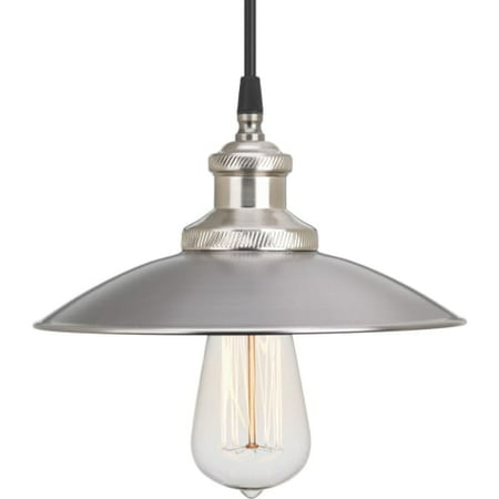Progress Lighting Archives 1-Light Mini-Pendant, Antique Nickel, Black Cloth Cord, Natural Brass Accents, Shade Included