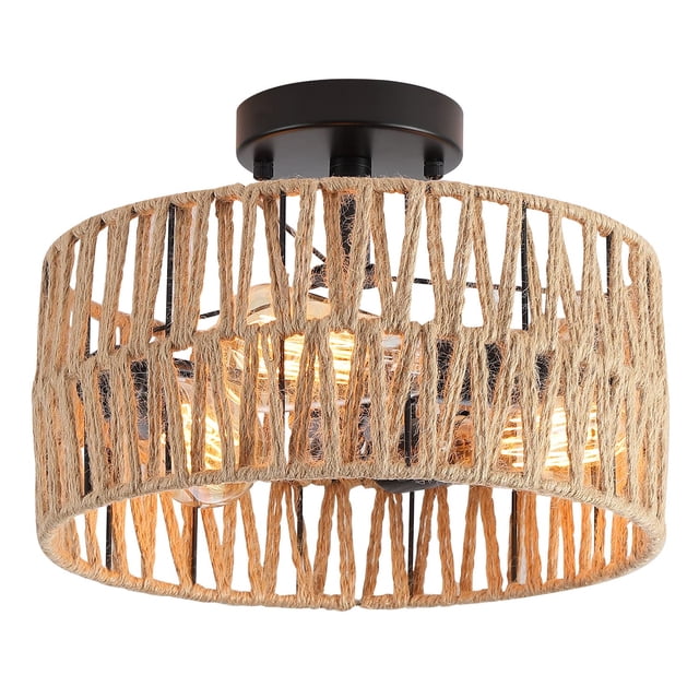 Hchunqjor 3-Light Coastal Woven Flush Mount Light Fixture Boho Rustic Hemp Rope Drum Semi Flush Mount Ceiling Light for Hallway B