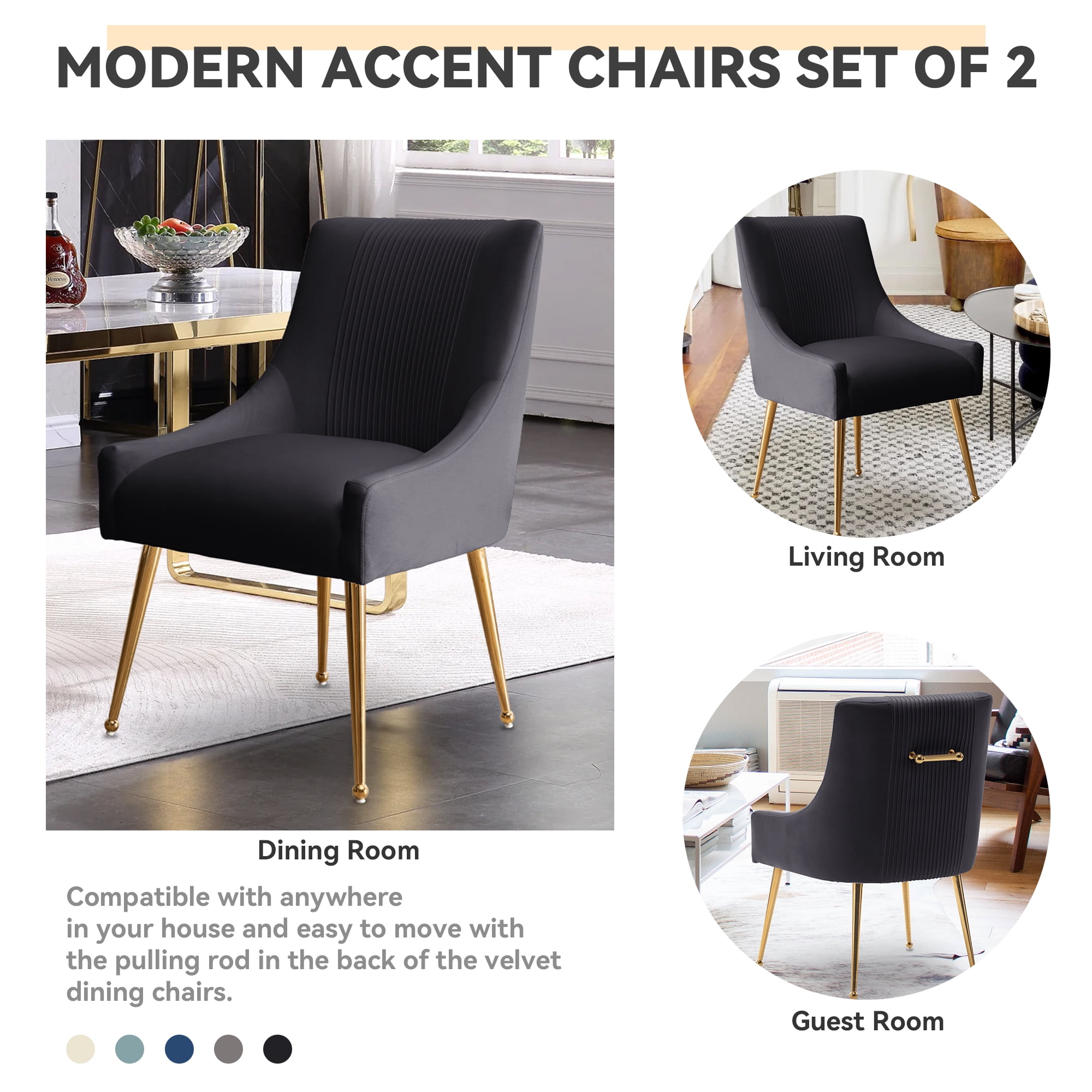 SEYNAR Modern Upholstered Pleated Velvet Dining Chairs Set of 2 Side Chair for Living Room,Black