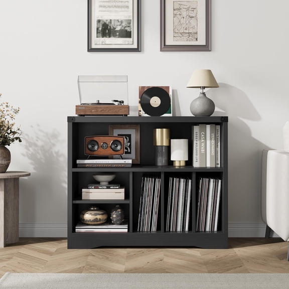 EcoSummer Vinyl Record Stand with 6 Storage Cubes, Farmhouse Turntable Cabinet for Living Room, Black