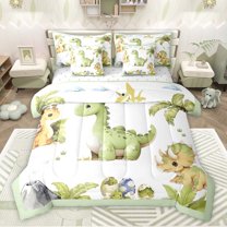 Feelyou Cute Cartoon Dino Bedding Comforter Set 7pcs for Teens, Kawaii Dinosaur Lover King Bedding Sets, Cute Animal Theme Reversible Bed Sheets, Microfiber Bedroom Decor
