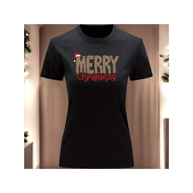 Playera Blusa Con Estampado Merry Christmas Estilo Animal Print Ropa Para Mujer Color Negro Talla Mediana Marca Emil SaEs