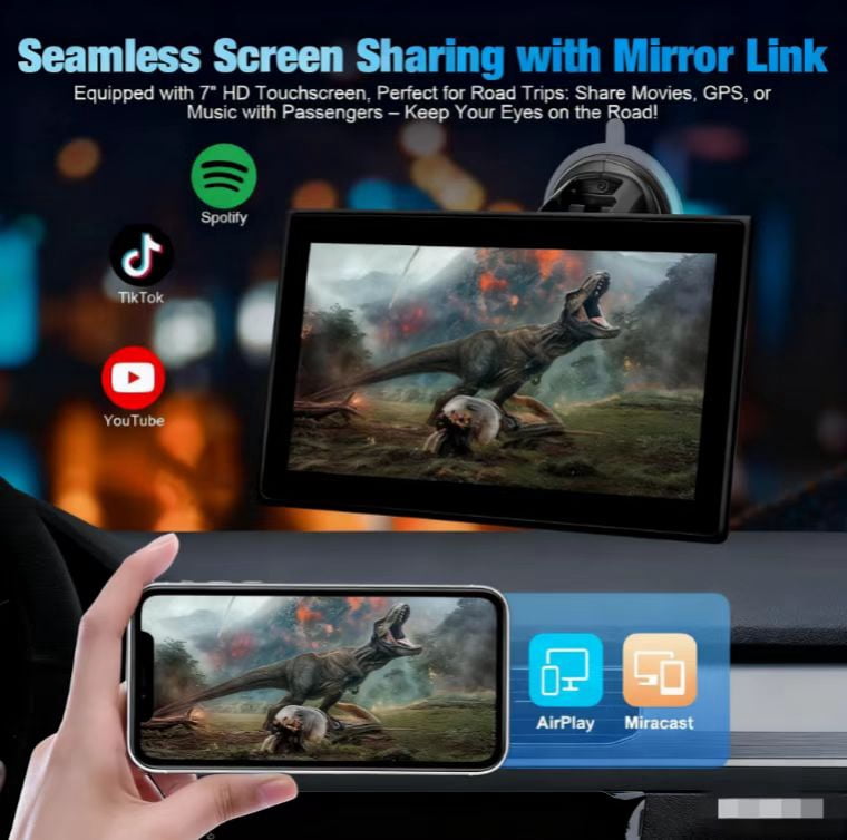 7" Portable Wireless CarPlay Screen for Car – Apple CarPlay & Android Auto, HD Touch Screen Car Stereo, Bluetooth, GPS Navigation, Voice Control, Plug-and-Play with FM/AUX/Mirror Link (Black)