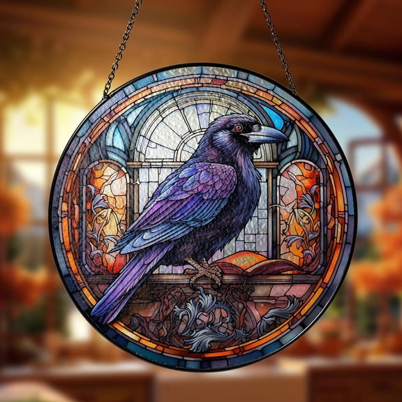 Raven Crow Stained Glass Suncatcher Window Hanging Decor, New House Decor, Halloween Lover, Gift For Mom, Holiday Ornament Castle Windchimes