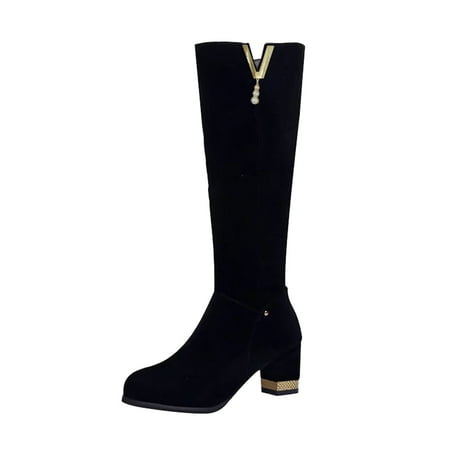 

Entyinea Long Boots for Women Flat Warm Winter Boots with Side Zipper Black 40