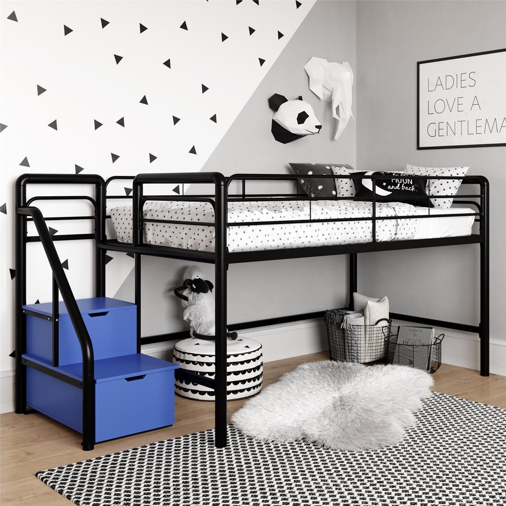Junior Twin Loft Bed with Storage Steps, Black