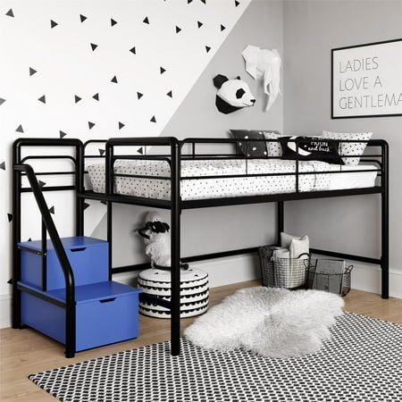 DHP Sol Junior Twin Metal Loft Bed with Storage Steps, Black