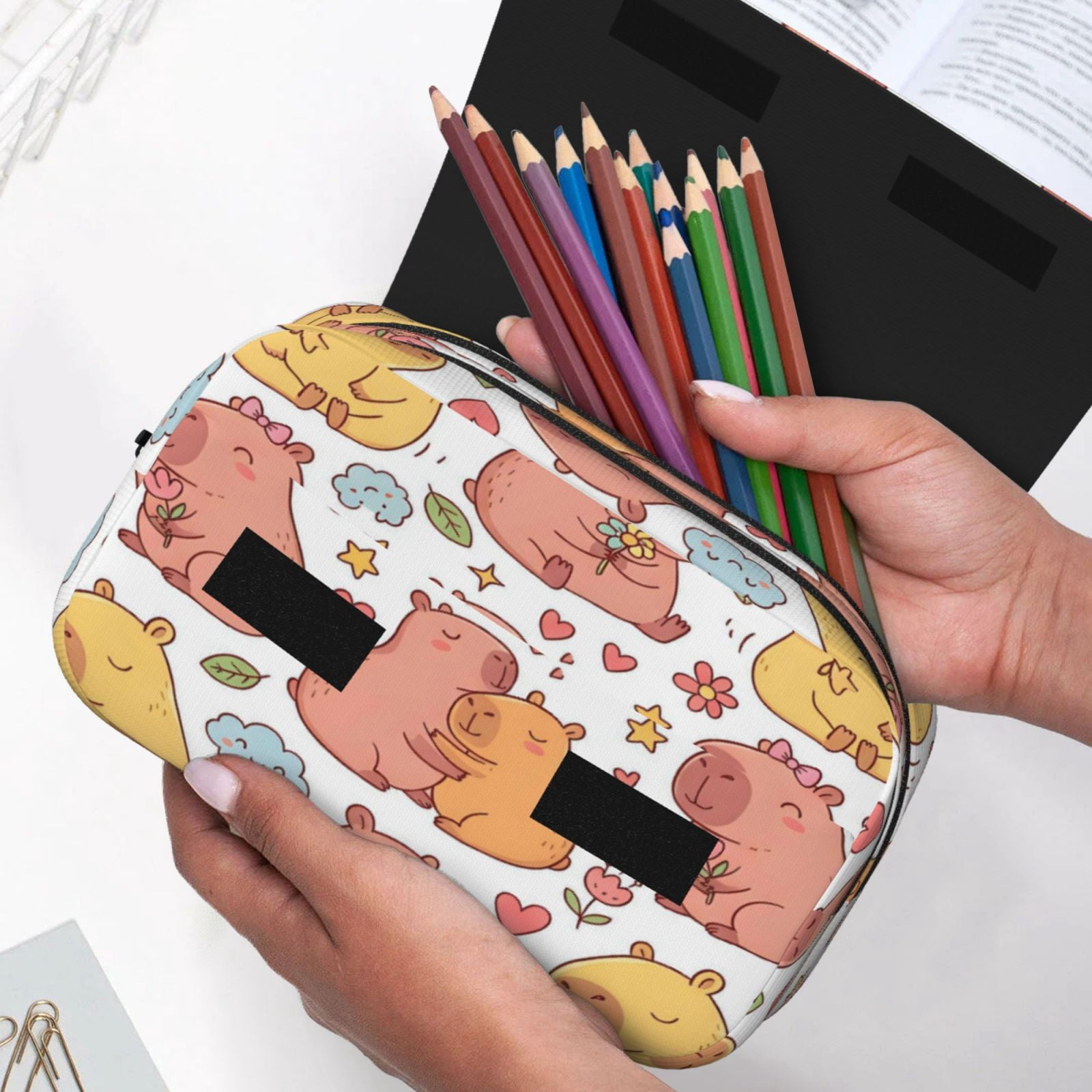 Large-Capacity Flip-Top Double-Layer Pencil Case, Multi-Functional Pocket Pen Case, Durable Stationery Organizer Capybara Pattern 5