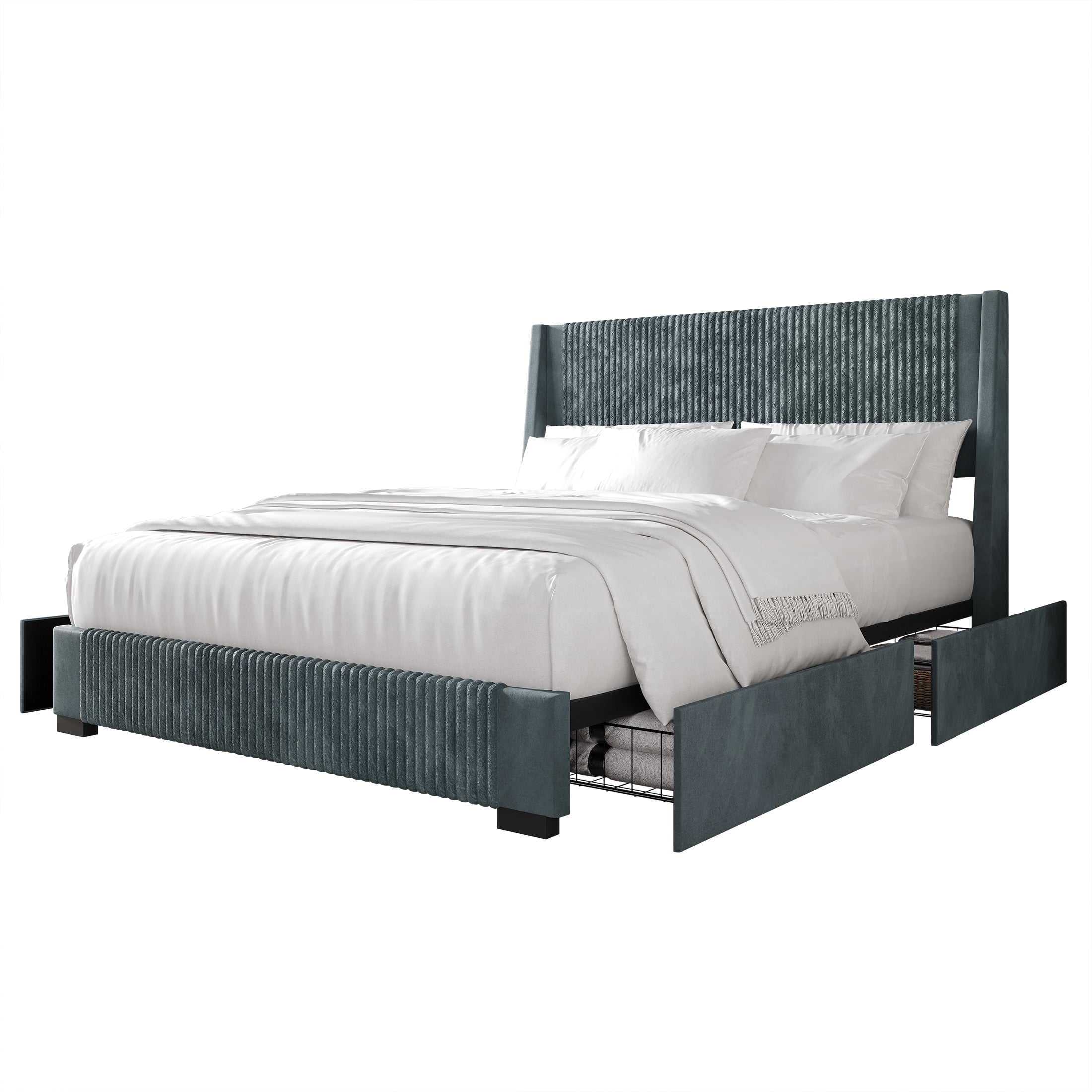 Castle Place Corduroy Velvet Queen Platform Bed With Storage, Light Blue