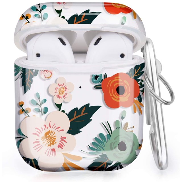 V-MORO Clear Airpods Case Compatible with AirPods 2 & 1 Soft Transparent TPU Shockproof Case Cover (Green/Red Flower)