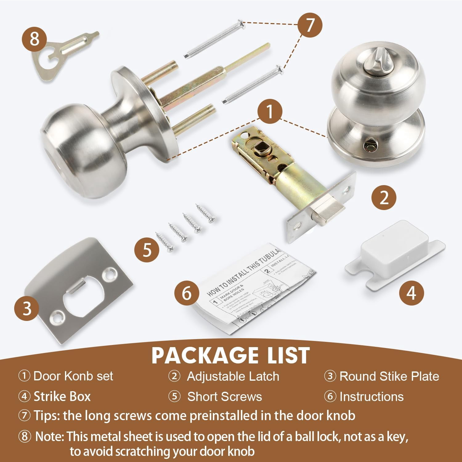 Privacy Door Knobs, 5 Pack Satin Nickel Door Knobs with Lock, Bed and Bath Door Knob Interior Keyless Locksets, Round Door Handles Reversible for Left Right Handed Doors