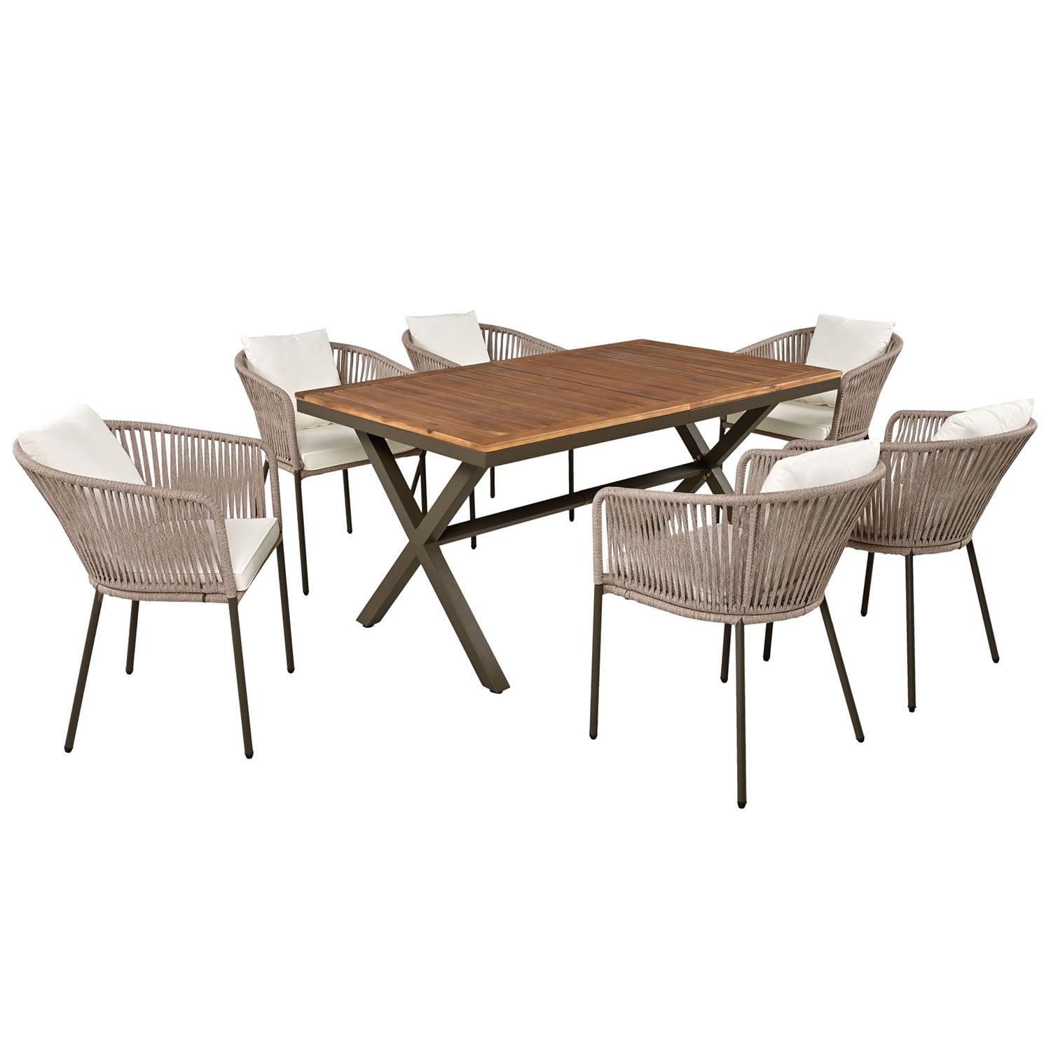 Aimee Lii 7 Pieces Outdoor Patio Dining Set Acacia Wood Garden Table with Umbrella Hole and Rope Metal Frame Chairs, Outdoor Furniture Set, Beige Aimee Lii 7 Pieces Outdoor Patio Dining Set Acacia Wood Garden Table with Umbrella Hole and Rope Metal Frame Chairs, Outdoor Furniture Set, Beige