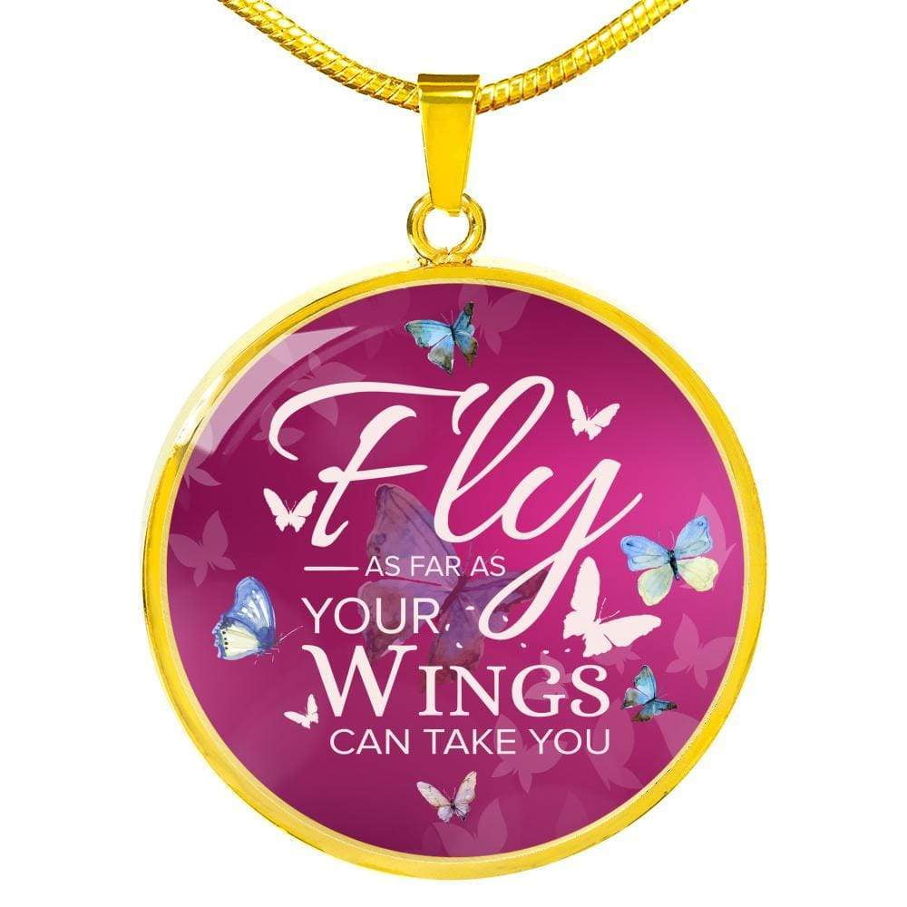 Fly As Far As Your Wings Can Take You Butterflies Circle Pendant Necklace Stainless Steel or 18k Gold 18-22
